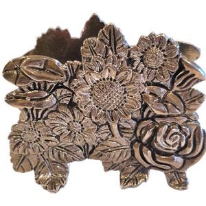 VTG Ornate Silver Plated Napkin Holder Floral Sunflower Rose Heavy Cast Metal